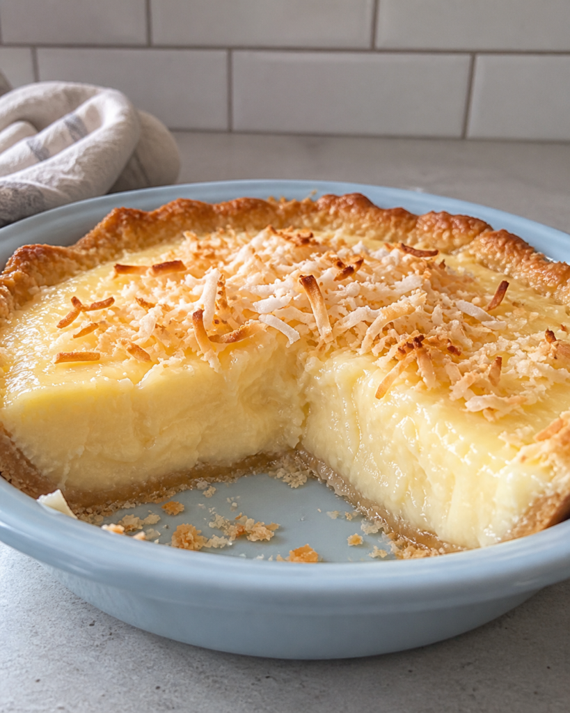 Coconut Magic Custard Pie with toasted coconut topping