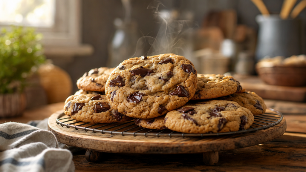 Freshly baked chocolate chip cookies with golden edges and soft centers