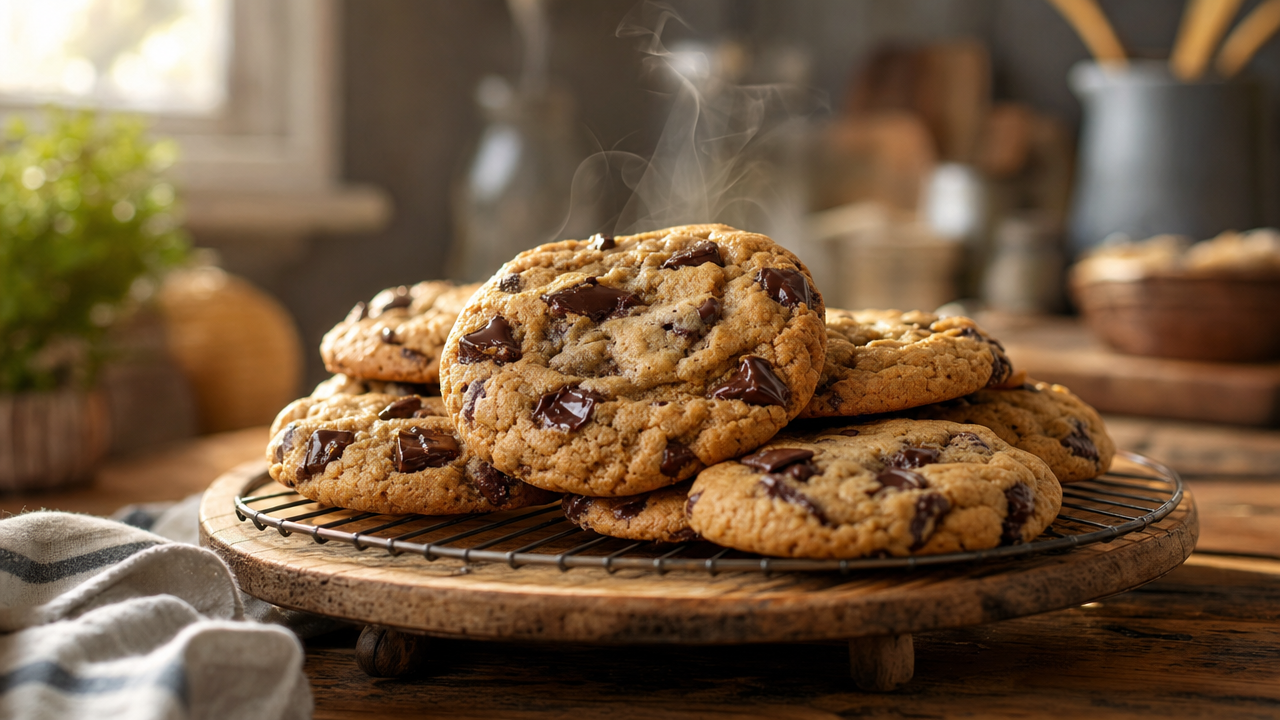 Freshly baked chocolate chip cookies with golden edges and soft centers