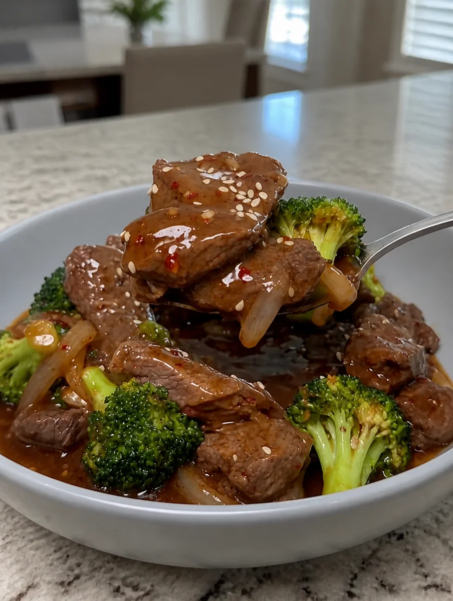 Slow cooker honey chili beef and broccoli