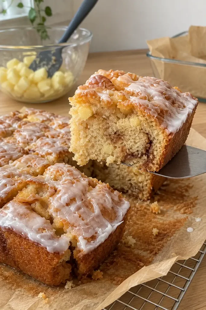 A lifted slice of glazed apple cinnamon swirl cake showing its tender apple-studded crumb.