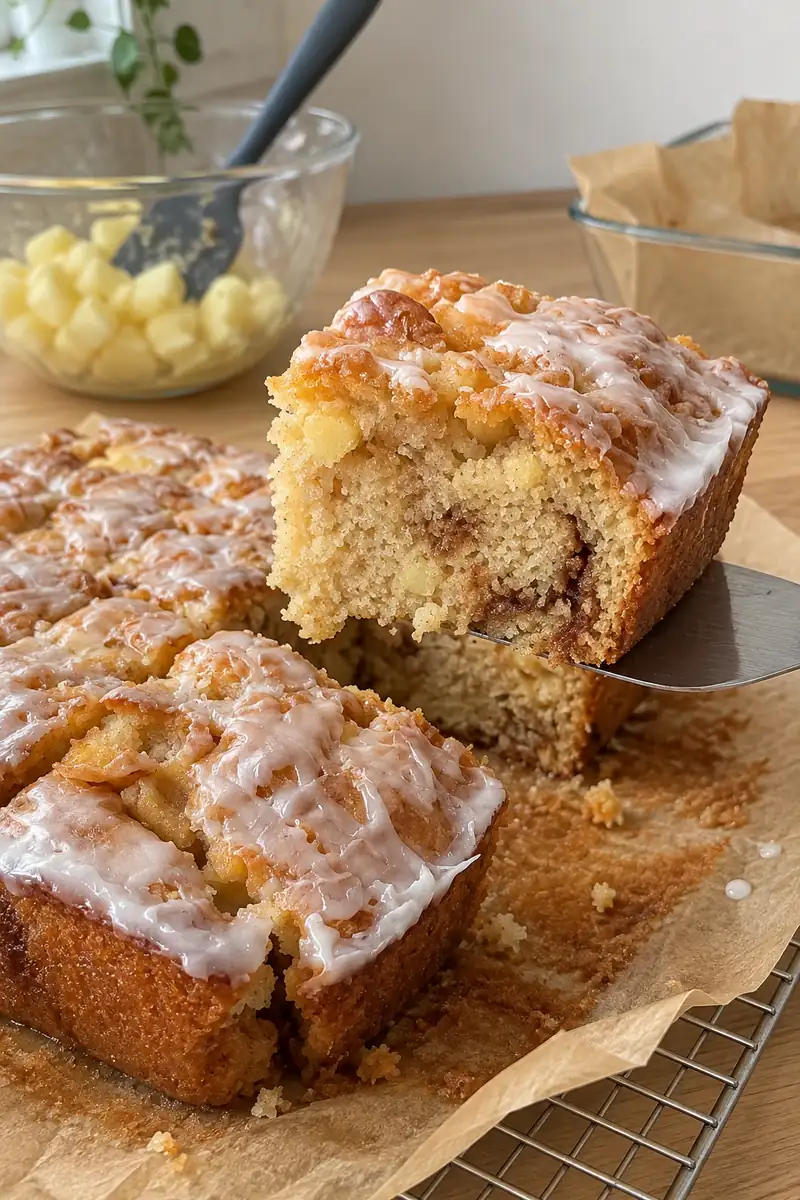 A lifted slice of glazed apple cinnamon swirl cake showing its tender apple-studded crumb.