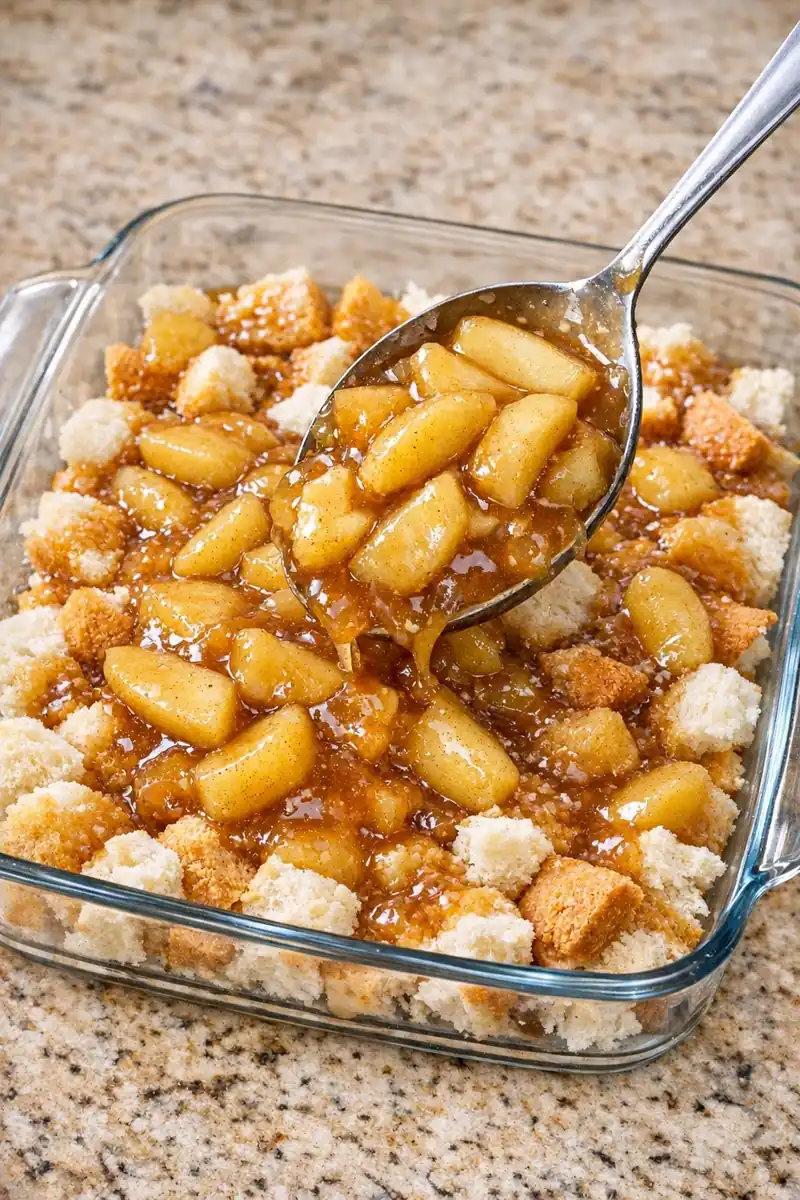 Apple pie filling being spooned over the bread cubes.