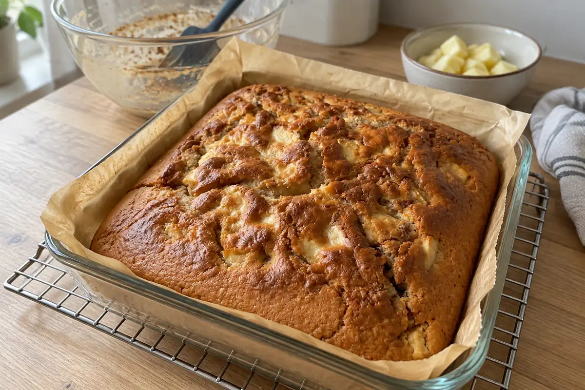 Golden baked apple cinnamon cake with an uneven cinnamon-swirled top, before glazing.