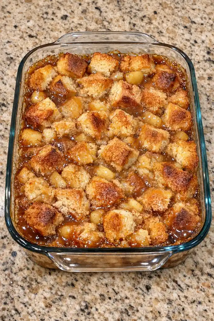 Baked caramel apple bread pudding with toasted bread peaks and caramel around the edges.