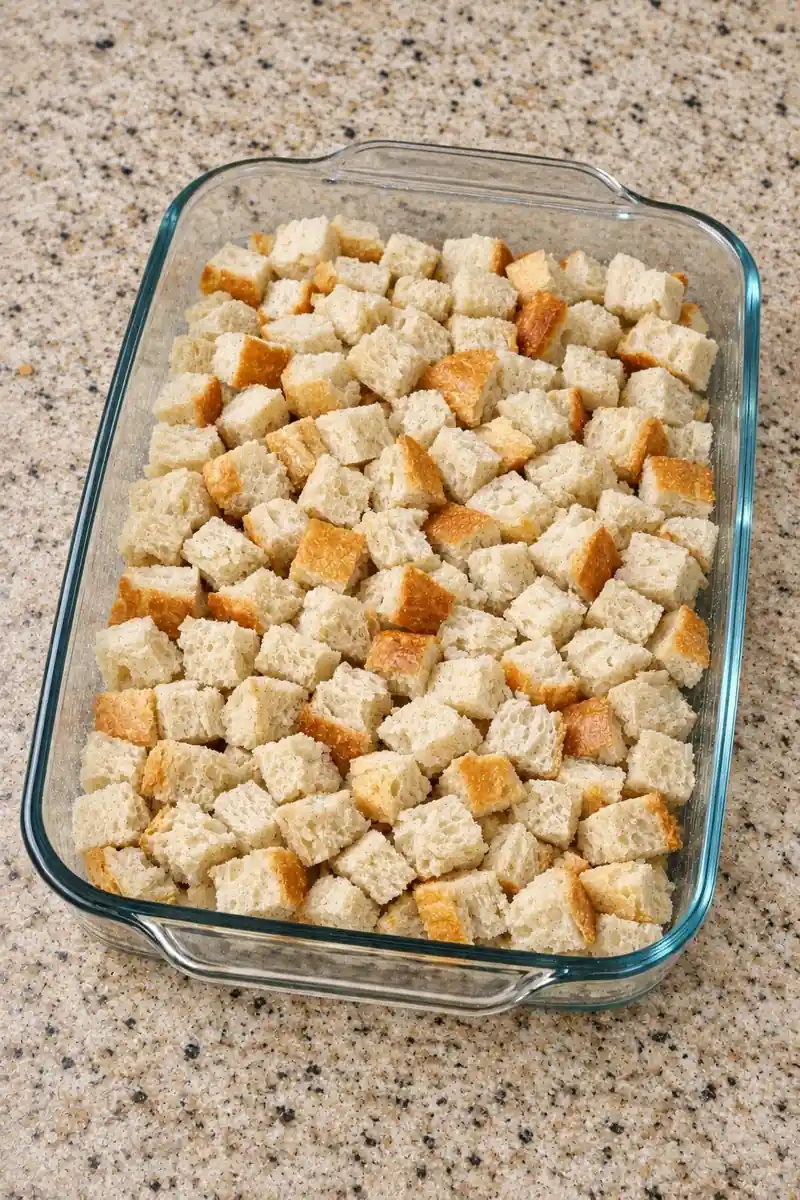 Small stale bread cubes in a greased rectangular glass baking dish.