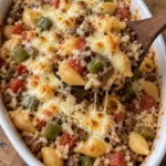 Wooden spoon lifting shell pasta, beef, rice and green peppers beneath browned mozzarella in a white casserole.