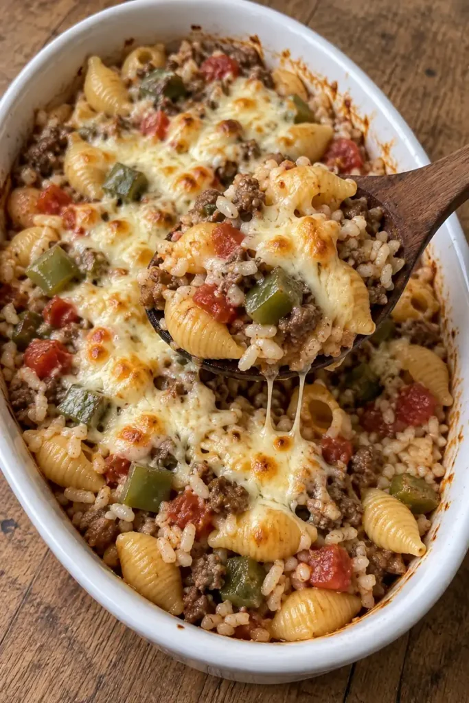 Wooden spoon lifting shell pasta, beef, rice and green peppers beneath browned mozzarella in a white casserole.