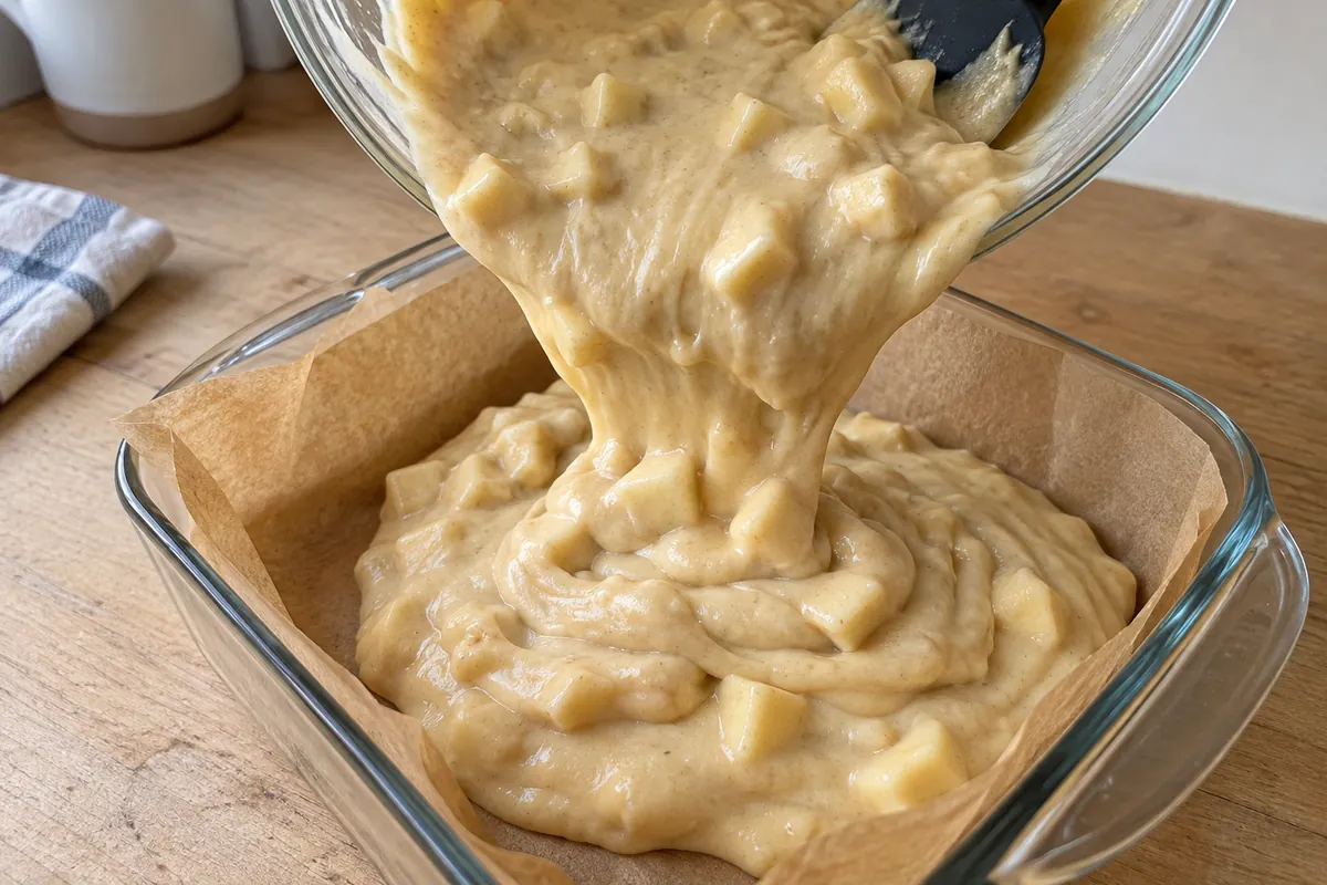 Apple cake batter being poured into a parchment-lined square glass baking dish.