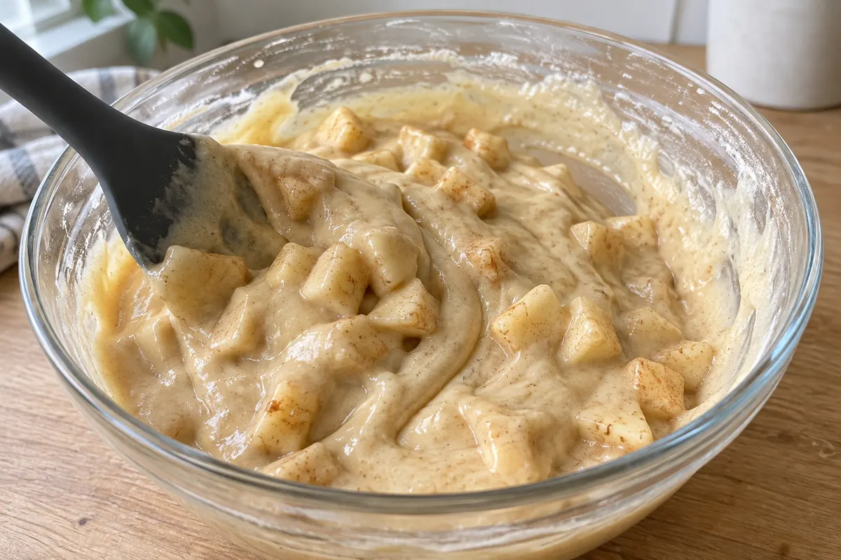 Cinnamon-coated peeled apple pieces being folded into pale cake batter in a glass bowl.