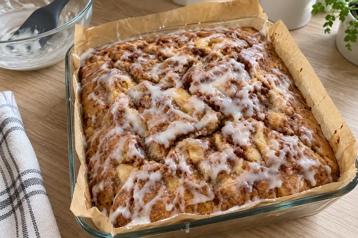Apple cinnamon swirl cake finished with a thin white milk glaze in a parchment-lined dish.