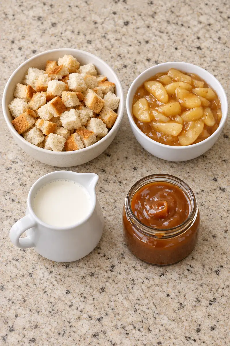 Bread cubes, apple pie filling, heavy cream and caramel sauce ready for assembly.