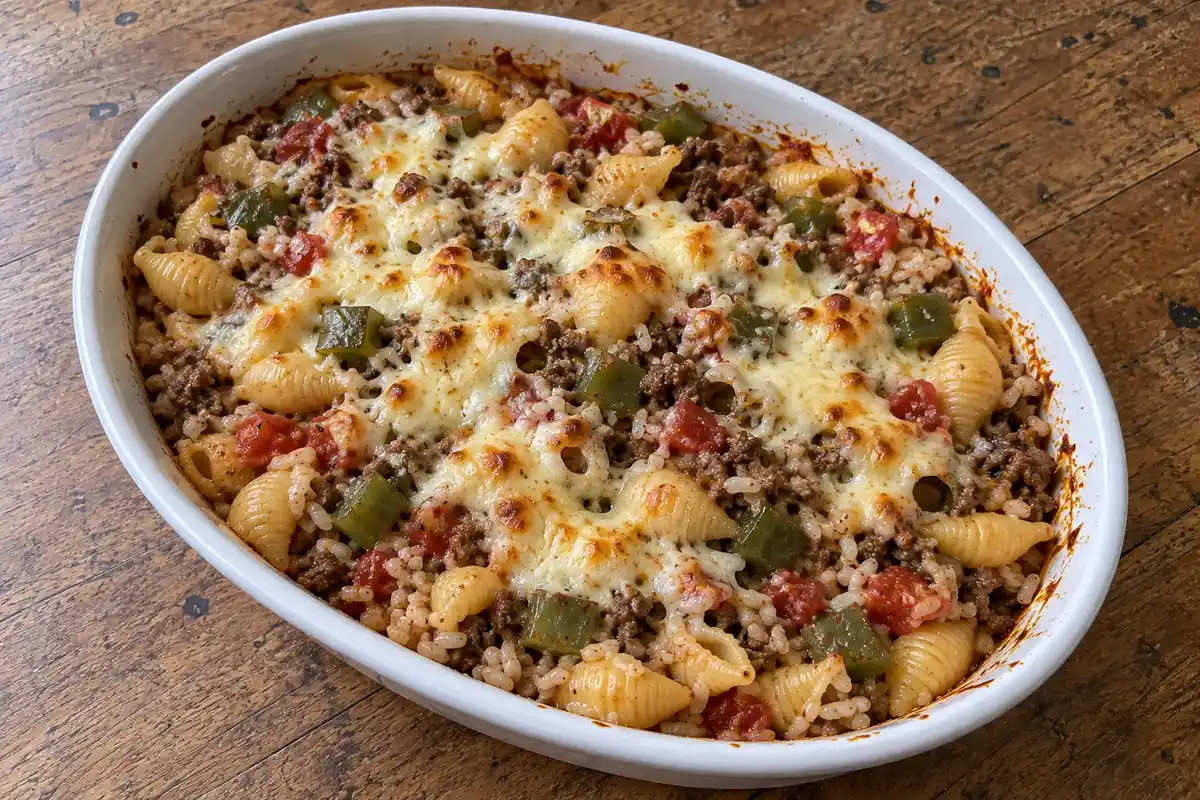 Whole white oval casserole of cheesy shell pasta, rice, beef and green peppers on a wooden table.