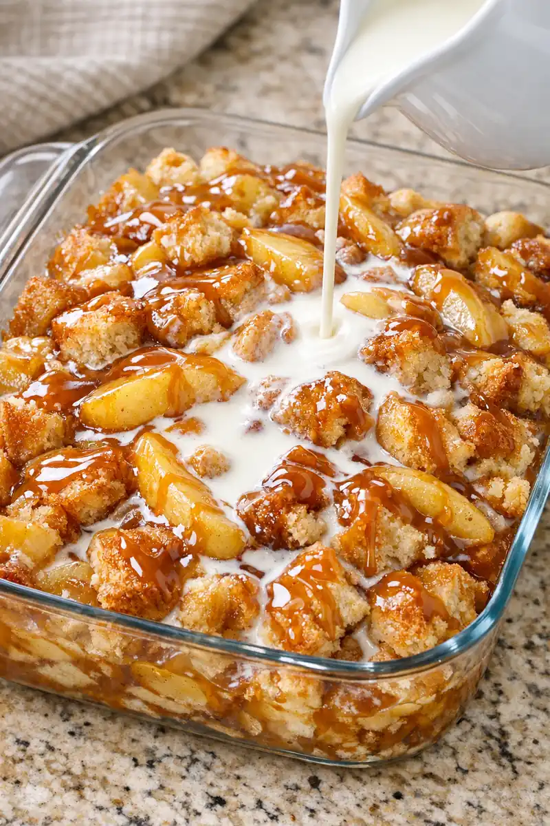 Heavy cream pouring over caramel, apples and bread in the baking dish.