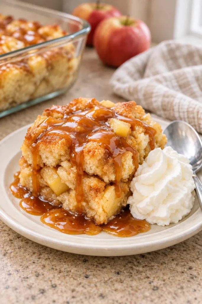 A plated serving of caramel apple bread pudding with caramel sauce and optional whipped cream.