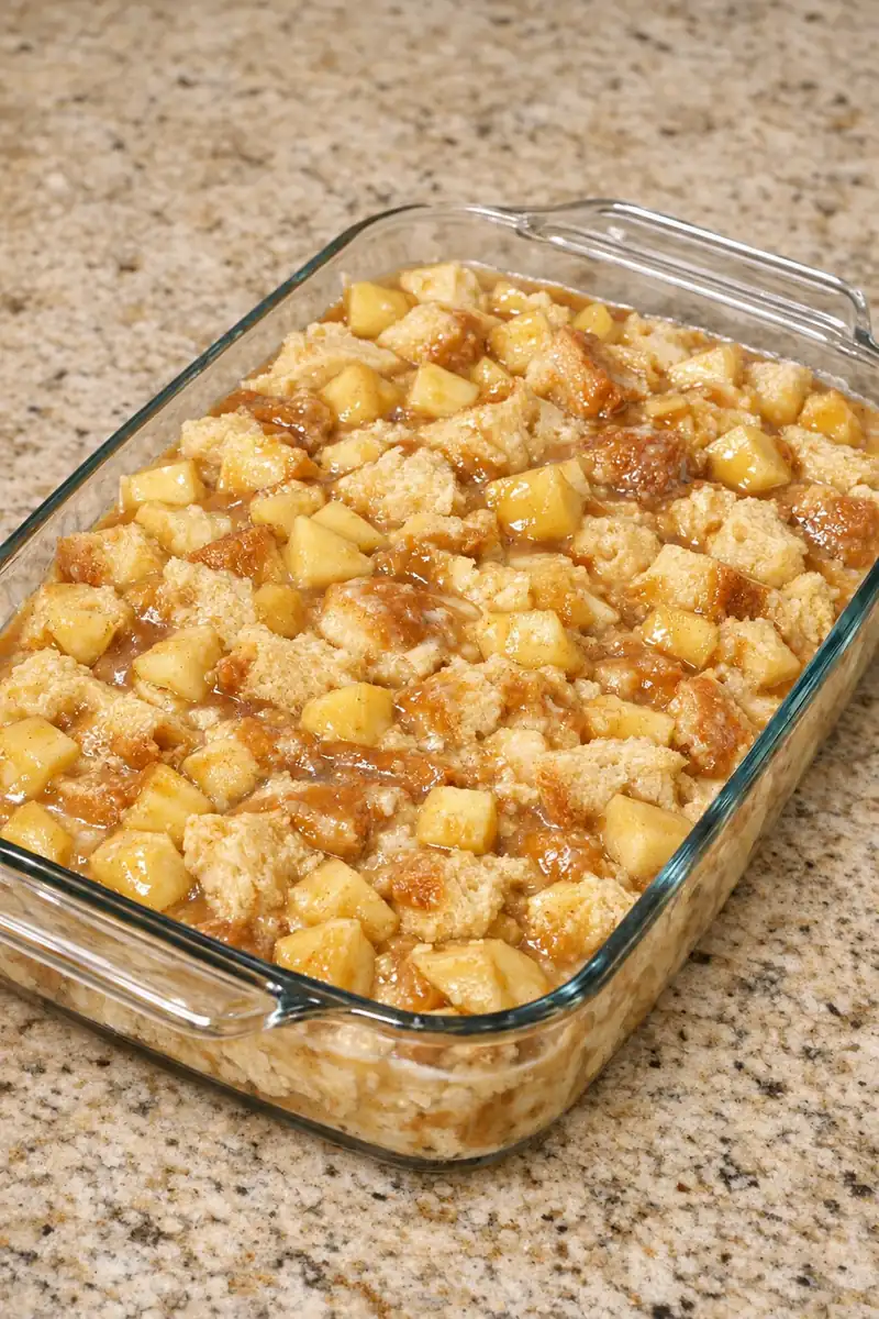 The moistened bread and apple mixture resting before baking.