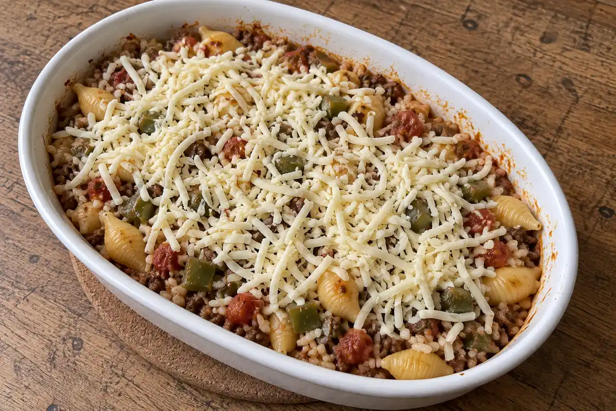 Tender pasta and rice casserole topped with loose, unmelted shredded mozzarella in a white oval dish.
