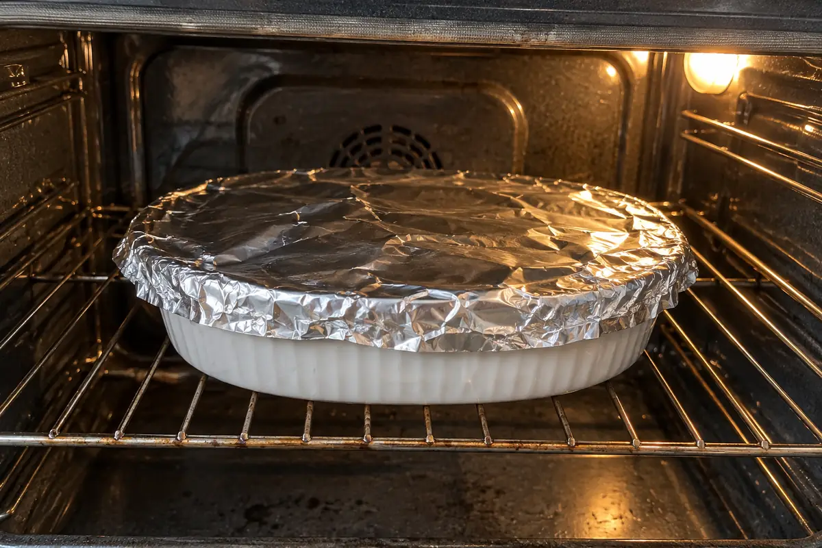 Oval casserole covered tightly with crimped foil on the middle oven rack.
