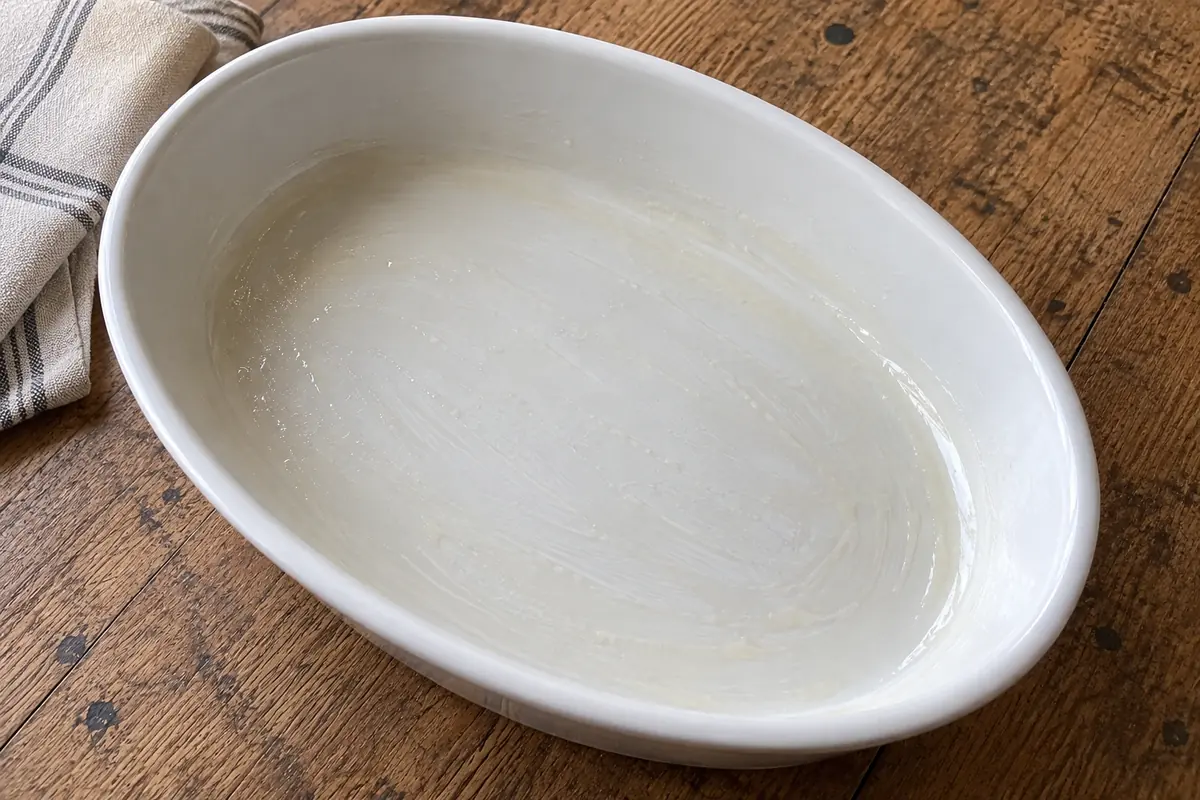 Empty white oval baking dish lightly coated with oil before filling.