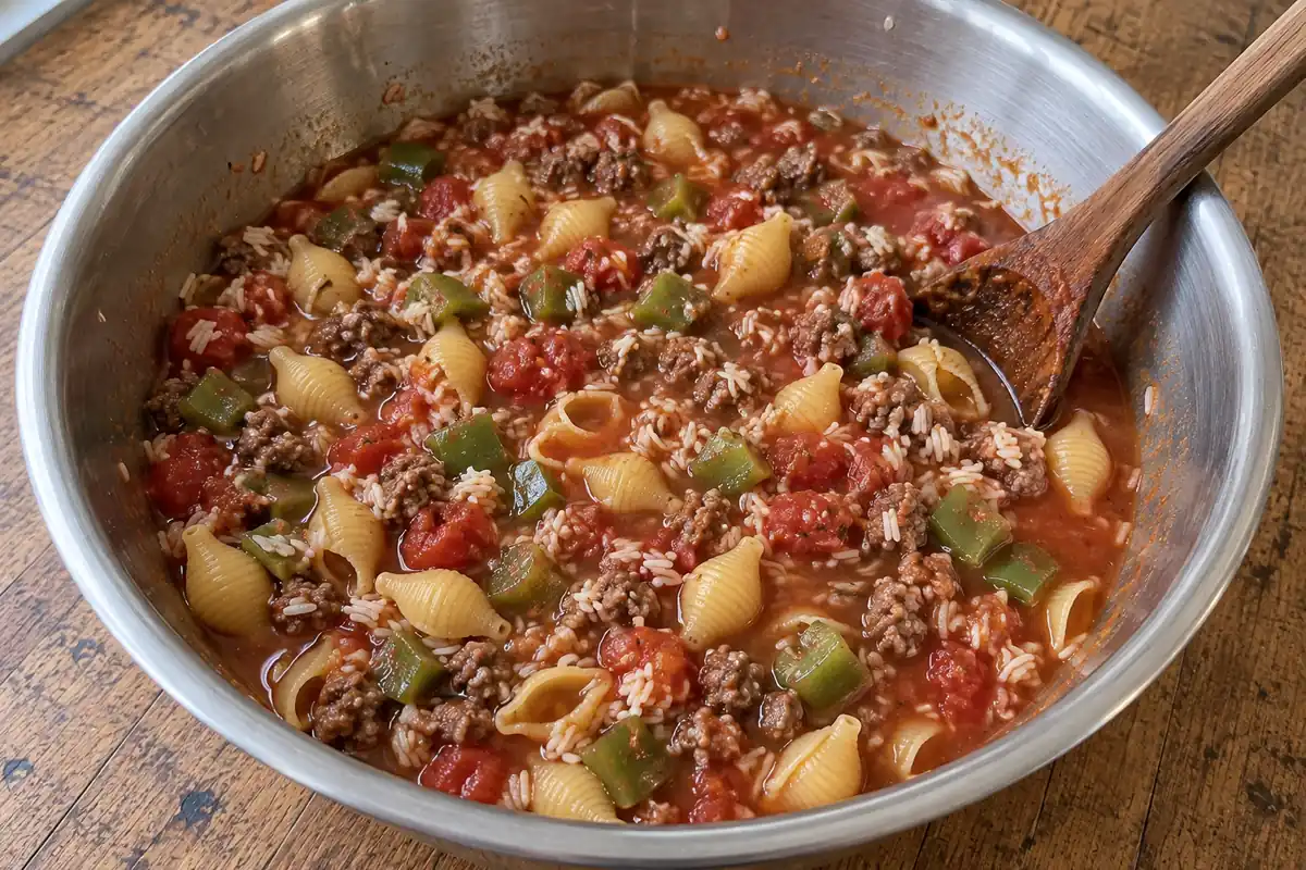 Shell pasta, rice, browned beef and green peppers mixed into loose tomato sauce in a large bowl.