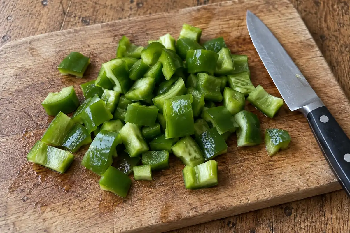Bite-size pieces of green bell pepper on a wooden cutting board beside a kitchen knife.