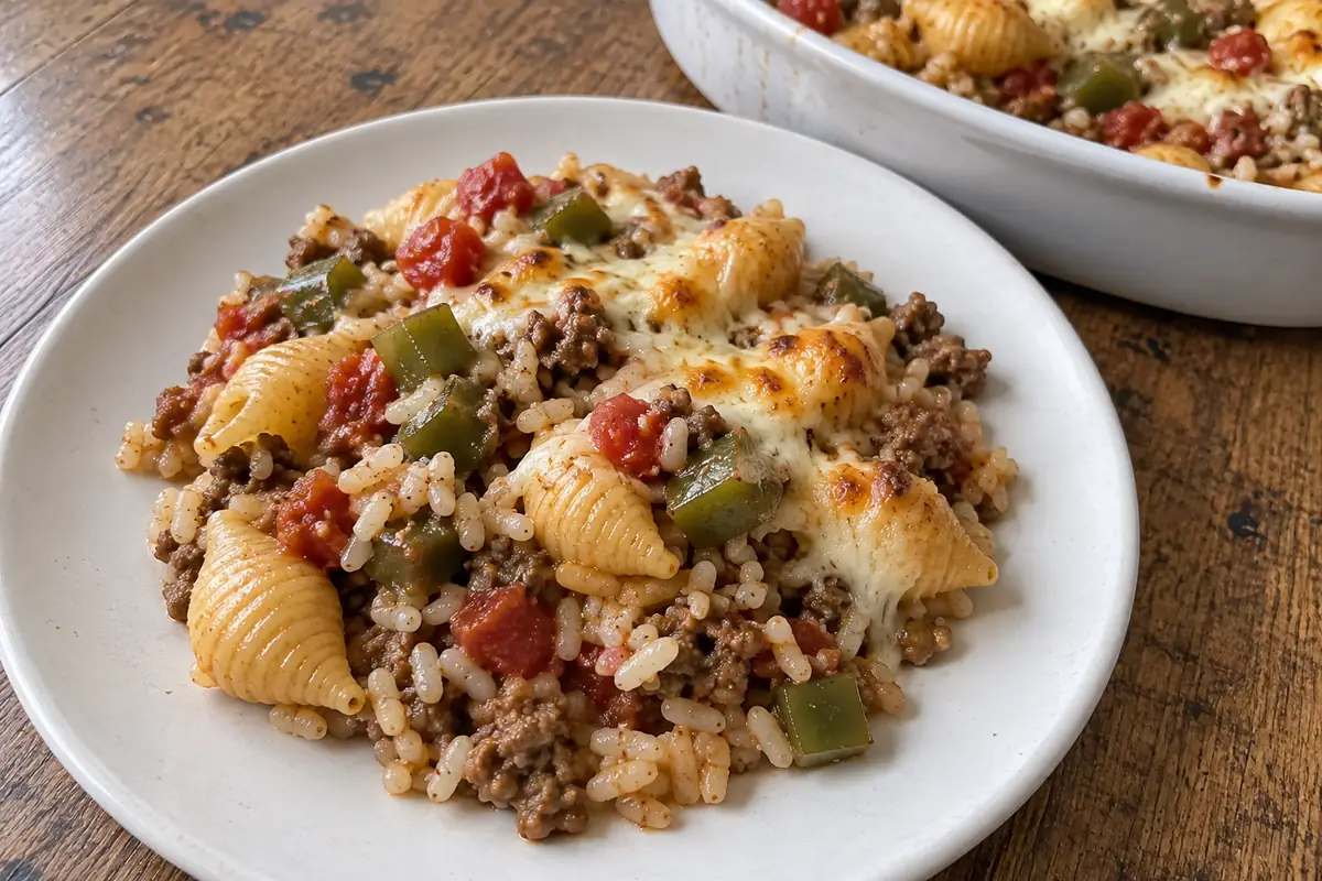 Warm serving of cheesy shell pasta, rice, beef and bell pepper casserole on a plain plate.