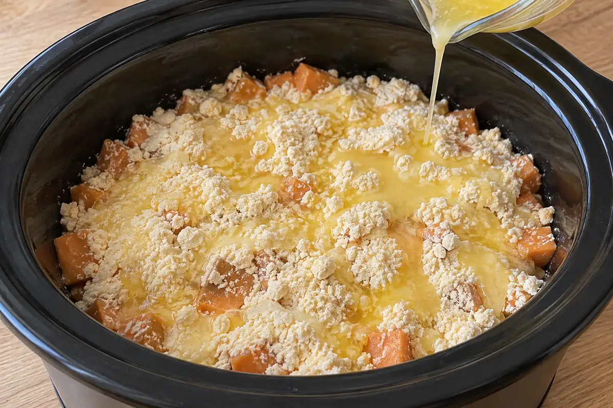Melted butter being drizzled across the uncooked cake-mix layer in a slow cooker.