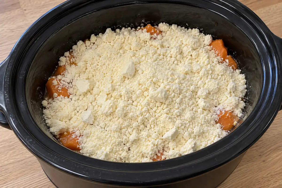 An even dry yellow cake-mix layer covering sweet potatoes in a black slow cooker.
