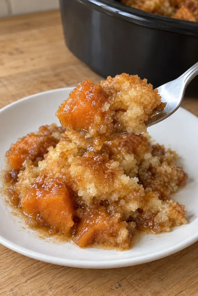 Forkful of orange sweet potato and tender golden cobbler topping above a white plate.