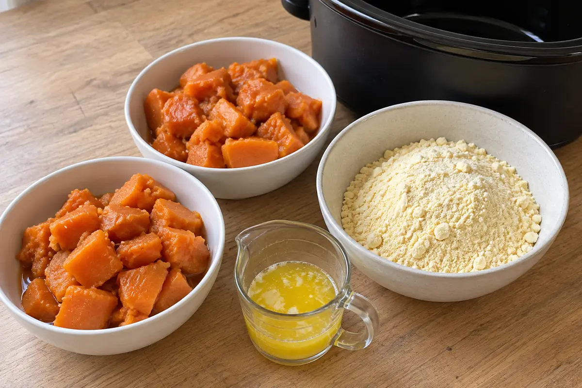 Drained canned sweet potatoes, dry yellow cake mix and melted butter arranged on an oak counter.