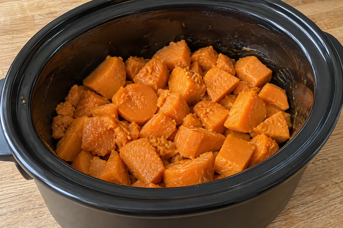 Drained orange sweet potato pieces spread evenly in a black oval slow cooker.