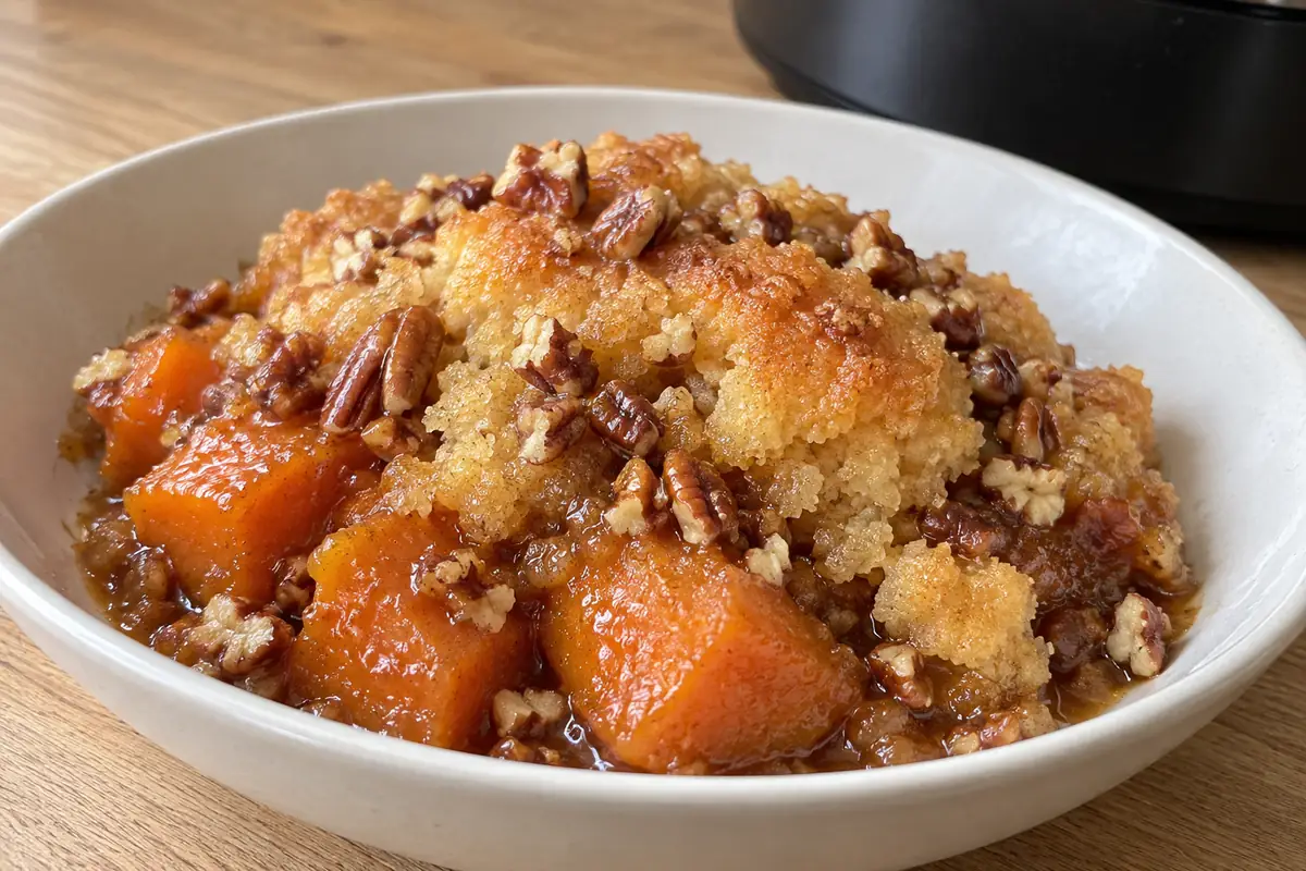Cooked sweet potato cobbler with chopped pecans scattered over the topping.