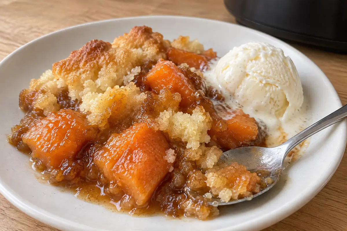 A warm serving of sweet potato cobbler on a white plate beside vanilla ice cream.