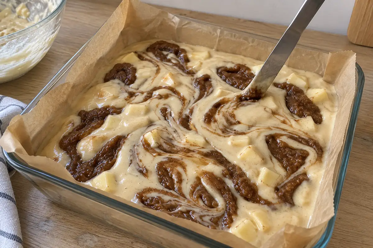 Dark cinnamon and brown-sugar ribbons swirled through unbaked apple cake batter.