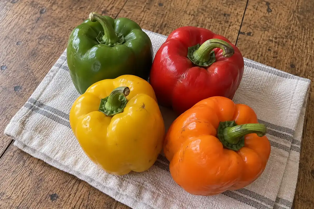 Whole green, red, yellow and orange bell peppers on a kitchen towel.