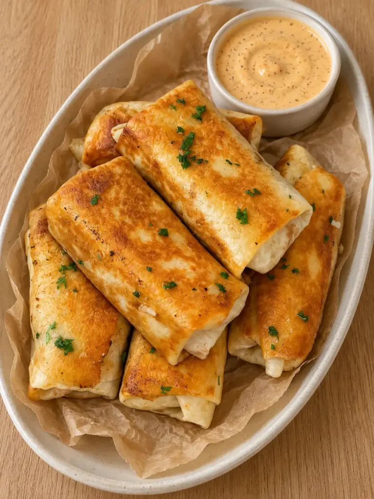 Browned cheeseburger wraps with parsley and creamy burger dipping sauce on a ceramic platter.
