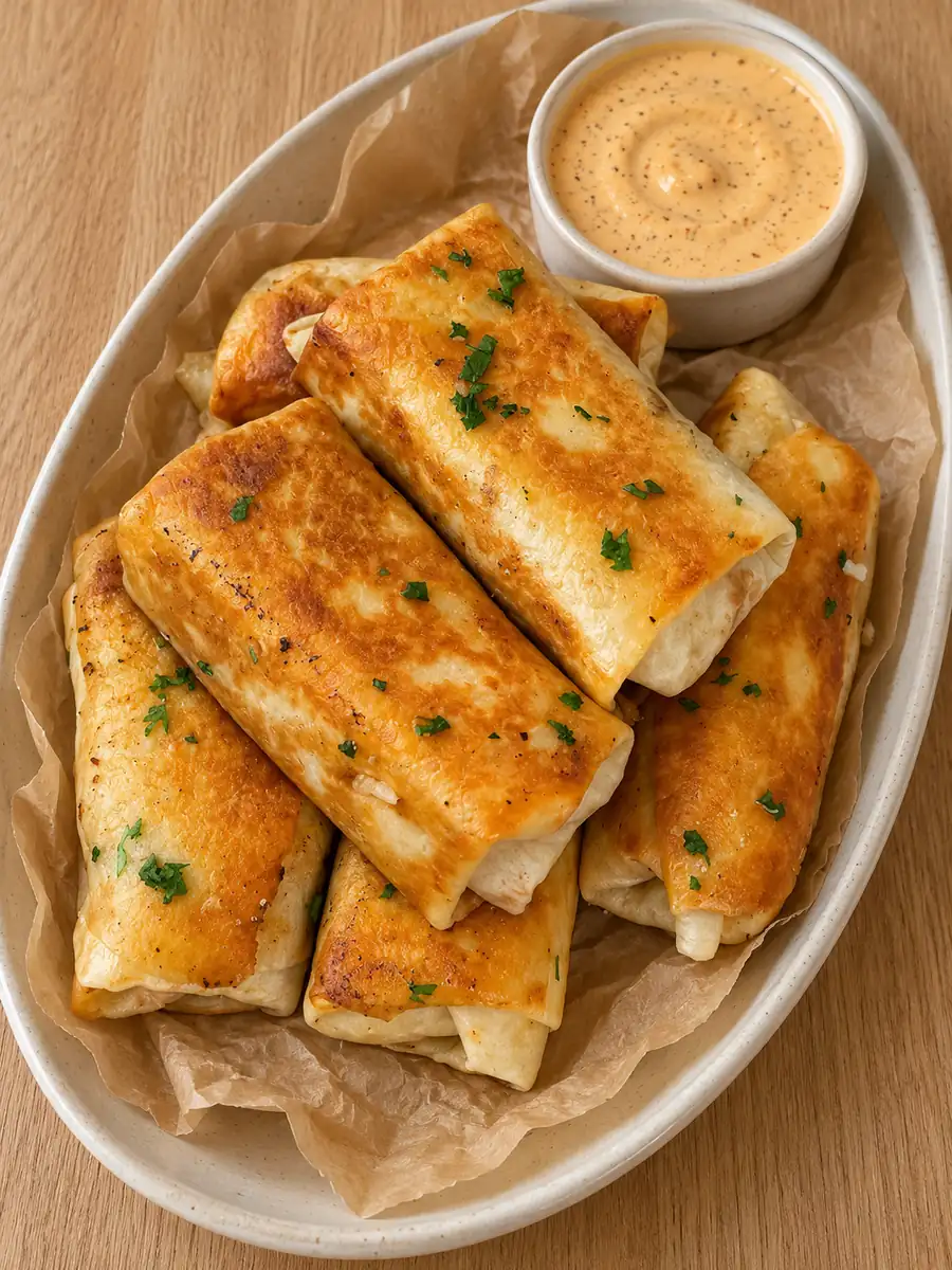 Browned cheeseburger wraps with parsley and creamy burger dipping sauce on a ceramic platter.