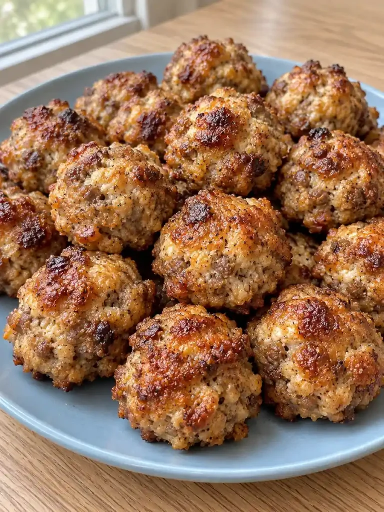 Browned creamy sausage bites piled on a pale blue ceramic plate on a wooden kitchen table.