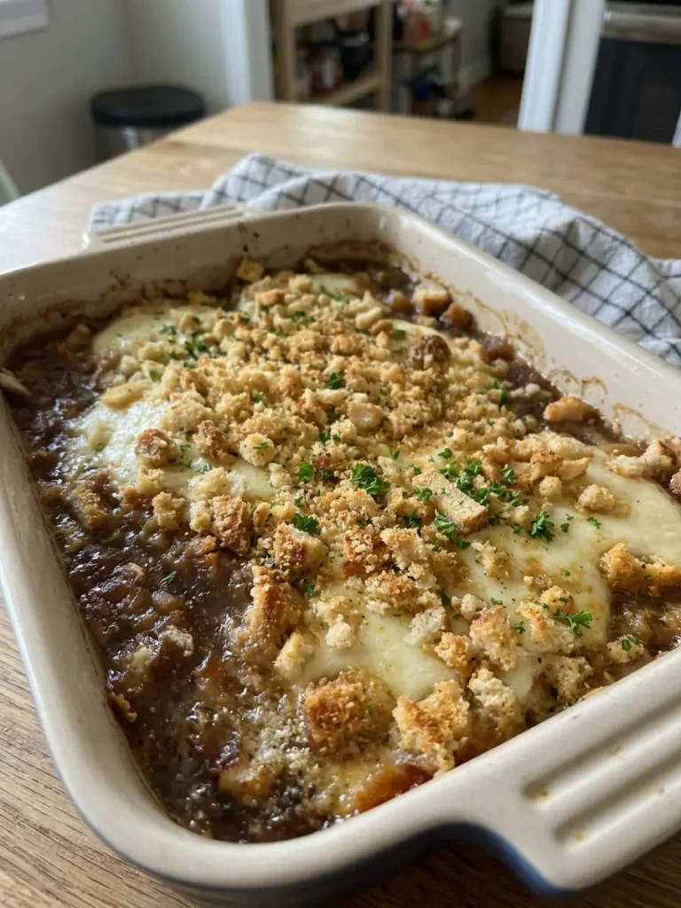 French onion chicken bake topped with melted provolone and crouton crumbs in a ceramic baking dish.
