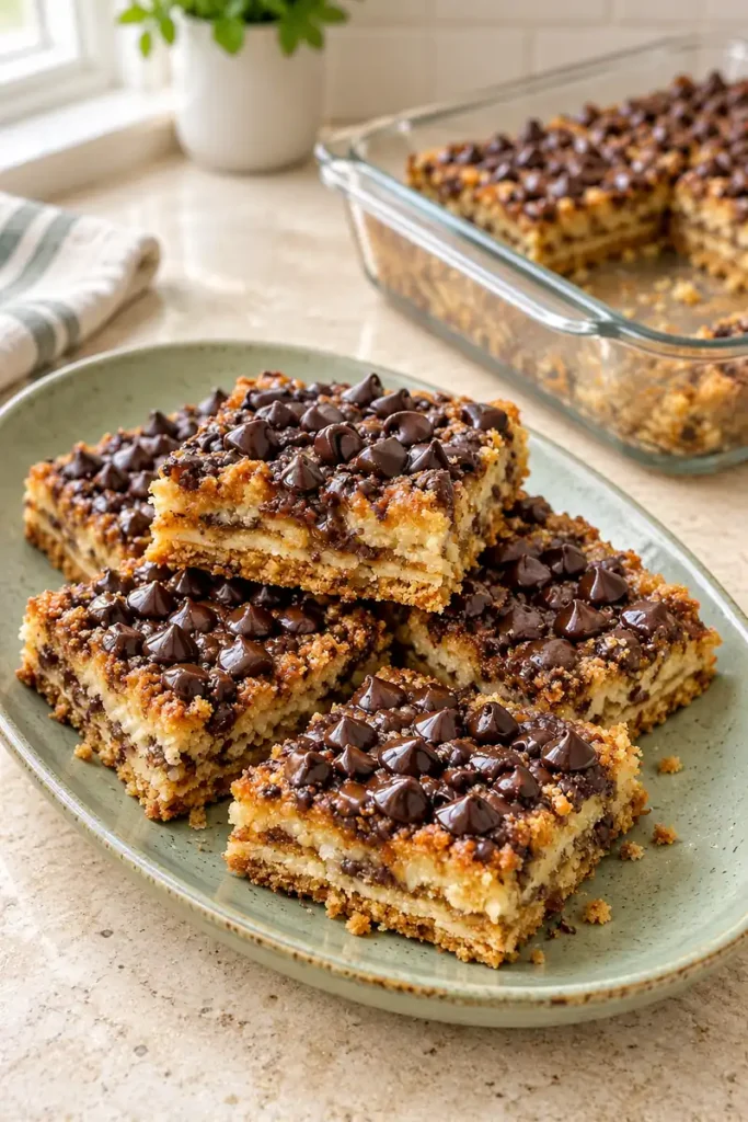 Golden layered graham cracker bars with chocolate chips on a sage platter, with a glass baking dish behind.
