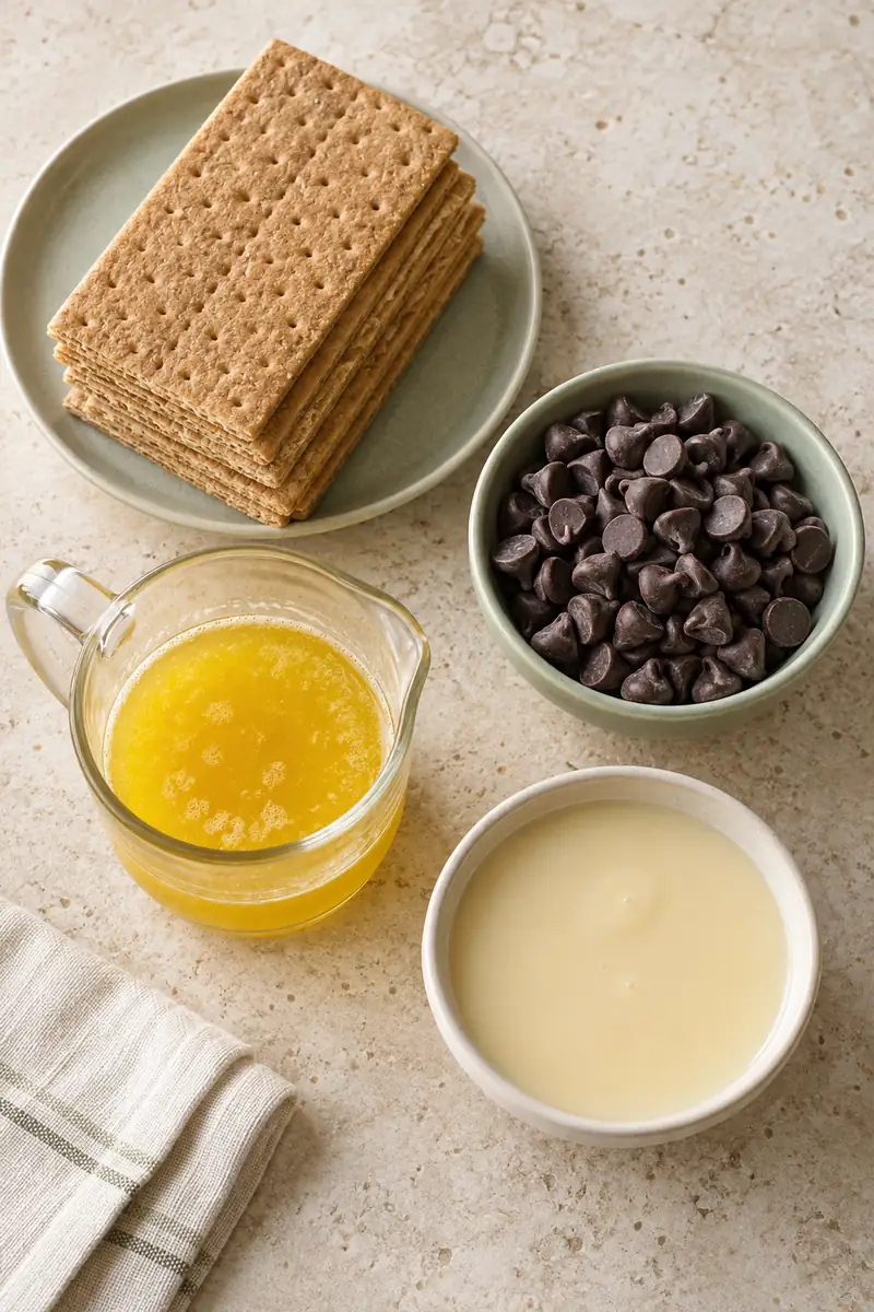 Graham crackers, chocolate chips, melted butter, and sweetened condensed milk arranged on a cream countertop.